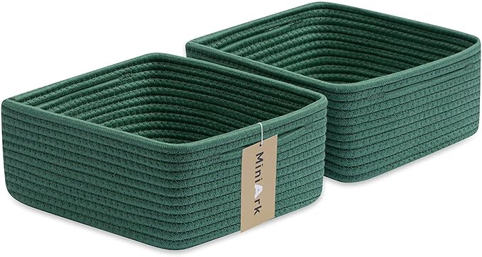 Small Square Shallow Baskets for Organizing, 9.7x9.7x4.3 Inch Rope Woven Storage Bins for Cubes Closet, Shelves Storage, Boho Decorative Basket, 2 Packs Green