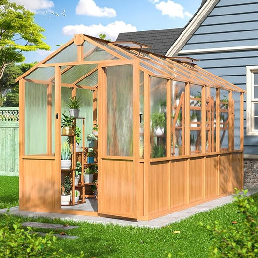 6x12 FT Wooden Greenhouse for Outdoors, Walk-in Greenhouse with 6MM Thick Polycarbonate Panel and Adjustable Roof Vents, Garden Backyard, Wood Colour