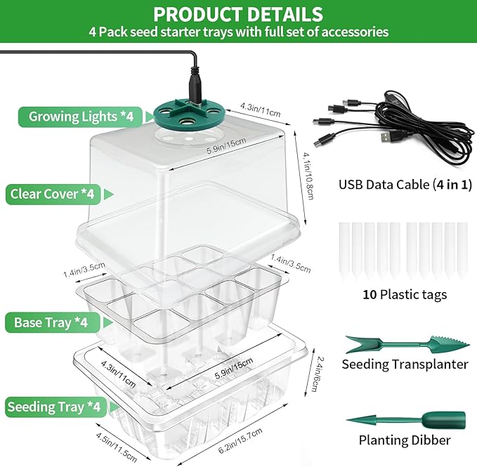 Seed Starter Tray with Plant Light, 2 Pack Grow Lights for Seed Starting Kit with Humidity Domes, Timing Controller Adjustable Brightness for Greenhouse Propagator Station Growing Transparent