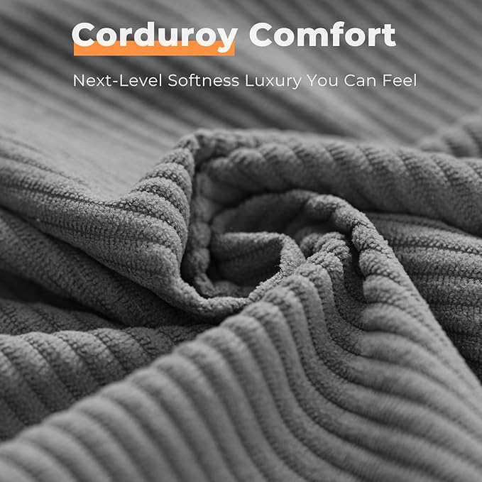 Full Size Bed Frame with 51" Tall Corduroy Wingback Headboard and Storage Shelf, Upholstered Platform Bed with LED Lights & Charging Station, No Box Spring Needed, Easy Assembly, Grey