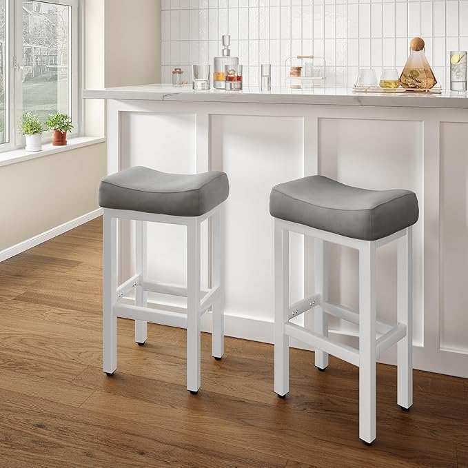 29 Inch Bar Height Bar Stools Set of 2, 29" Barstools for Kitchen Island Counter, Backless Bonded Leather Bar Height Stools with Thick Saddle Seats & Heavy Duty Metal Base, Easy Assembly, Gray/White