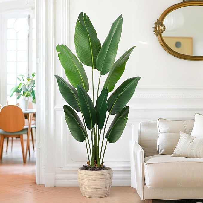 Artificial Bird of Paradise Plant 5 Ft Tall Fake Banana Leaf Plant for Indoors and Outdoors,Faux Palm Tree with Plastic Pot for Office and Home Decor,L1602PCS