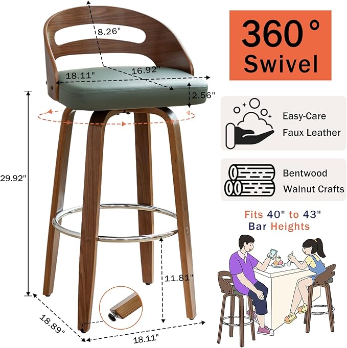 Bar Stools Set of 3, Swivel Bar Stools with Walnut Craftsmanship, Bentwood Curved Back, Upholstered Faux Leather, Soft Cushion Seat, Mid Century BarStools for Bar/Pub/Cafe (Green, 30" Seat Height)