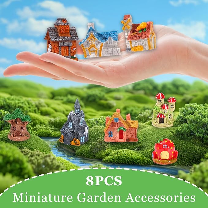 8 Piece Fairy Garden Accessories, Resin Tiny House for DIY Micro Landscapes, Miniature Figurines for Plant Pots, Mini Garden Outdoor Decor, Terrarium & Home Display