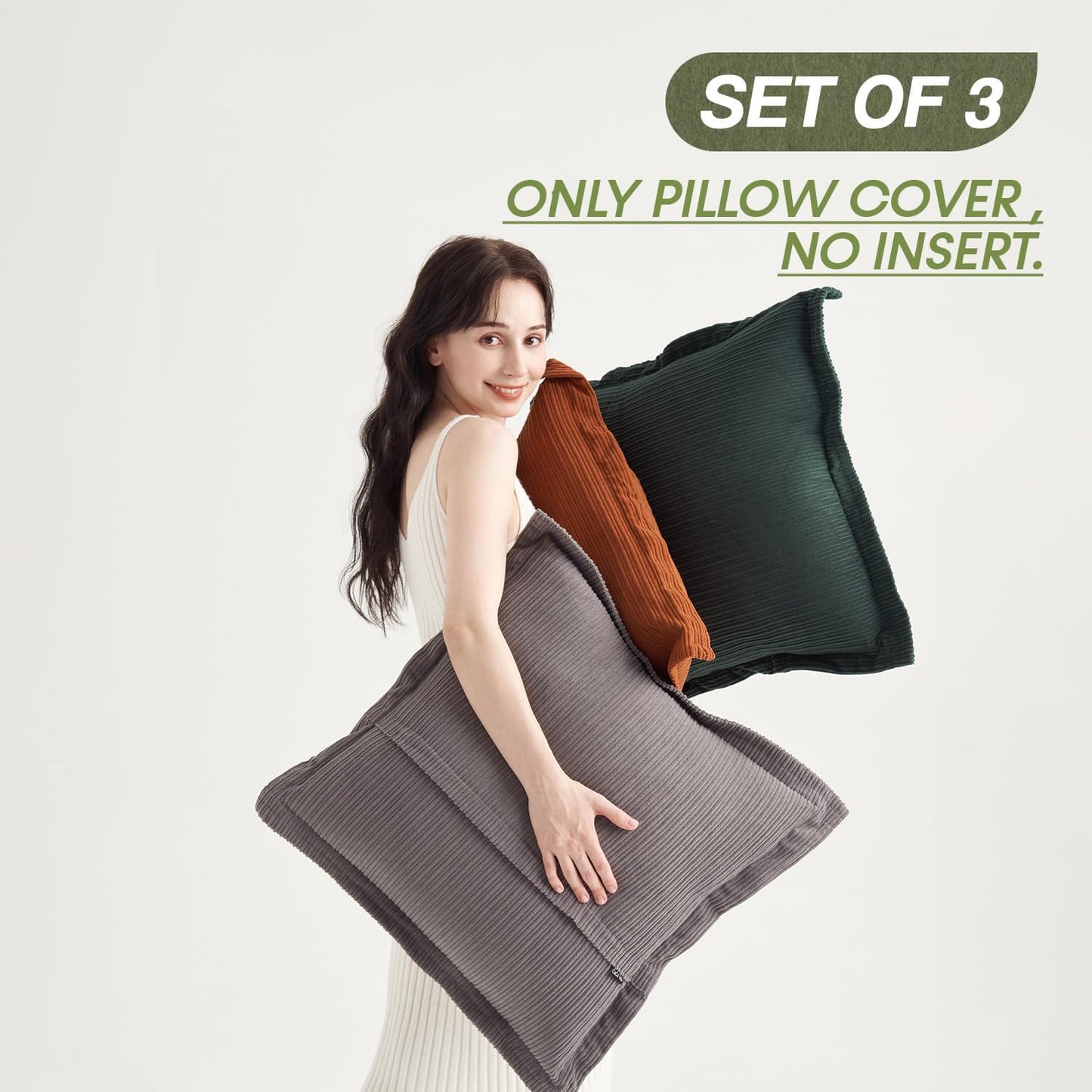 Pack of 3 Vintage Throw Pillow Covers 22x22inch, Textured Corduroy Neutral Soft Pillow Cases with Comfort Colors for Living Room Bedroom Apartment Farmhouse Office（Grey，Dark Green & Rust）