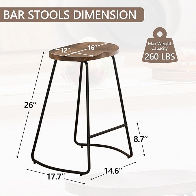 HeuGah Barstools Set of 2, 26" Wood Counter Height Bar Stools, Rustic Backless Bar Stools for Kitchen Island, Bar Chairs with Wood Saddle Seat (Brown, 2 PCS 26Inch Counter Chair)