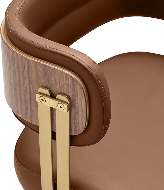 Modern Mid-Century Upholstered Leather Dining Chairs with High-Resilience Foam, Walnut Wood Veneer&Gold Metal Legs,Dining Chairs with Anti-Slip Pads,Tan