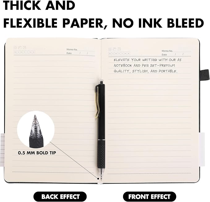 Aodaer Lined Notebook Journal with Pen A5 Notebooks 100 GSM College Ruled Hardcover Notebook PU Leather Notepad with Pen Holder for Office School, 5.7 x 8.3 Inches, Black