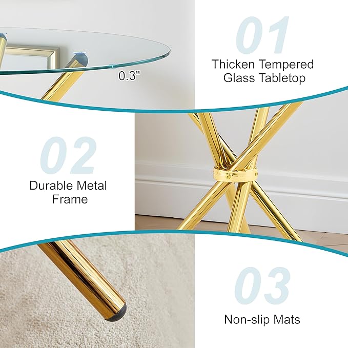 Kitchen Table for 2 Modern 36.6" Round Glass Table Small Tables with Trestle Metal Leg for Living Room and Apartment, Gold