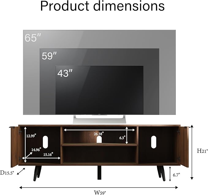 Modern TV Stand with Storage Cabinet, Wood Fashionable TV Cabinet with Waveform Panel and Adjustable Shelf, Entertainment Center TV Stand for TV, Living Room (Dark Walnut Wood)