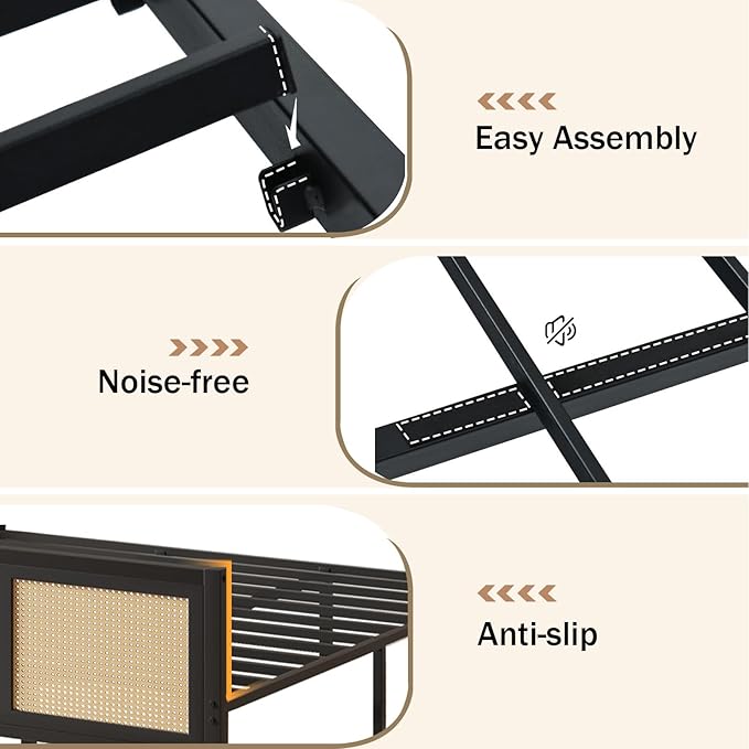 Rattan Bed Frame Queen, Boho Queen Bed Frames with Headboard, Metal Platform Bed Frame Queen Size with Strong Slats Support, No Box Spring Needed, Noise Free, Easy Assembly, Black