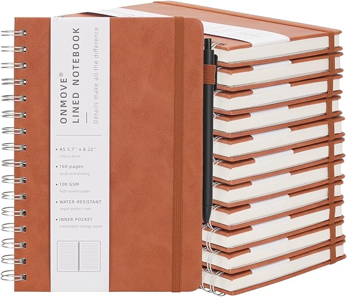 Spiral Notebooks Journal for Women Men 12 Pack Bulk Leather Hardcover with Pen Holder A5 160 Pages 100 GSM Thick Paper for Work School Lined Brown