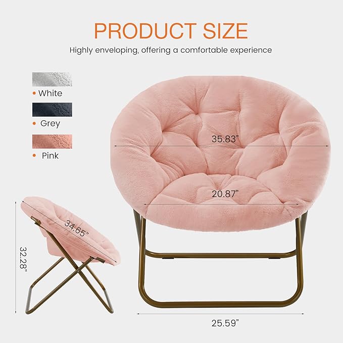 NEWBULIG Comfy Saucer Chairs Soft Lounge Cute Folding Bedroom Living Room Seat Flexible Reading Foldable Seating for Adults Thick Padded Metal Frame Modern for Home Office Pink
