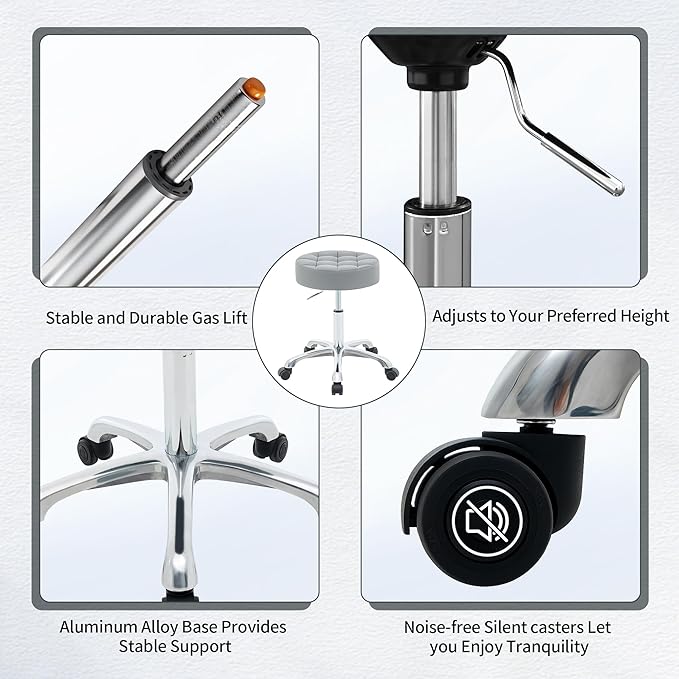Office Stools with Quiet Wheels (300lbs Capacity) (Sturdy Aluminum Base) Multifunctional Nail Stool (Gray)
