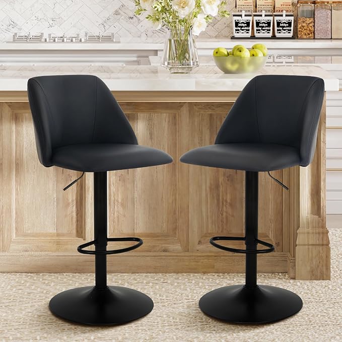 COLAMY Bar Stools Set of 6, Modern Swivel Bar Chairs, Adjustable PU Leather Upholstered Barstools Counter Height with Full Backrest for Bar, Dining Room, Kitchen Island, Black