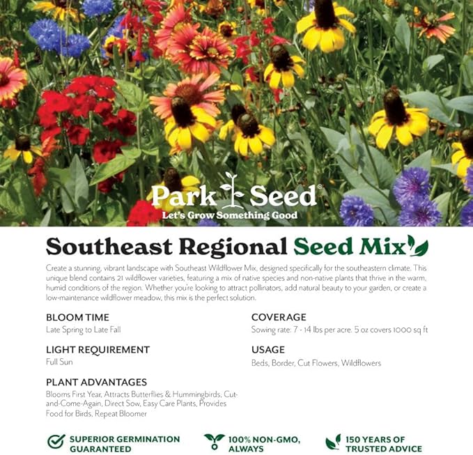 Park Seed Grow Your Own Vibrant Annual and Perennial Wildflower Garden Seeds Mixture, Easy to Grow Varieties for Pollinators and Spring Gardens - Southeast Regional Mix, 50 lbs
