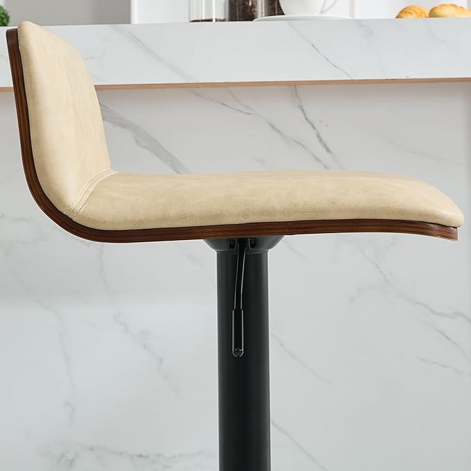 Set of 3 Swivel Bar Stools Adjustable Height, Faux Leather Barstools with Wooden Back and Footrest, Counter Height Bar Height Chairs for Kitchen Island, Dining Room, Beige