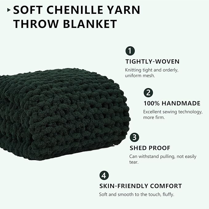 L'AGRATY Chunky Knit Blanket Throw - Soft Chunky Throw Blankets 30x40: 100% Hand Kintted Chenile Crochet Throw Blanket for Couch - Large Cable Knit Blankets for Home Decor(Olive Green)