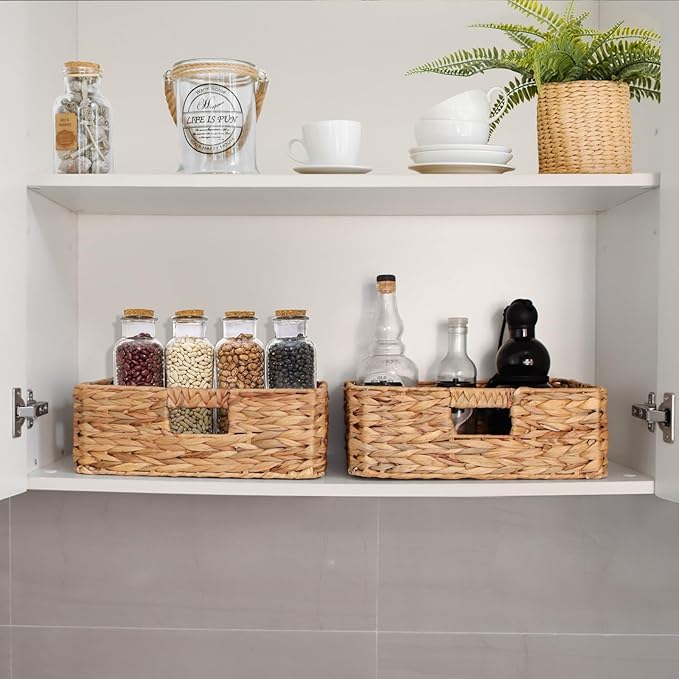 Rectangular Water Hyacinth Storage Baskets, Wicker Storage Baskets for Shelves, Square Shallow Basket, Woven Drawer Basket With Handle, 15.2” L x 12” W x 4.7” H