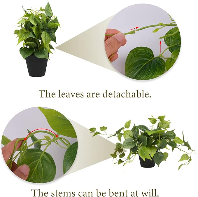 LOYWREE Artificial Scindapsus Aureus Fake Pothos Plants in Black Pots - Realistic Faux Indoor Greenery for Home, Office, Desk, Shelf, Living Room, Bedroom, Balcony, Patio & Garden Decor