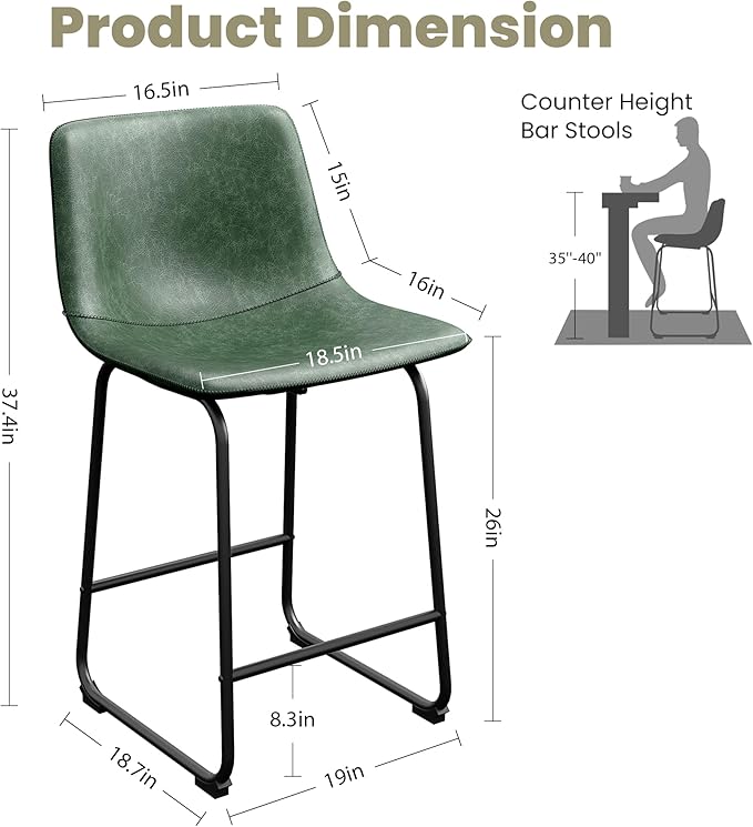 Bar Stools Set of 2, 26 Inch Counter Height Barstools with Back, Modern Faux Leather Bar Stool with Metal Legs and Footrest, Urban Armless Bar Chairs for Kitchens Island (Green)