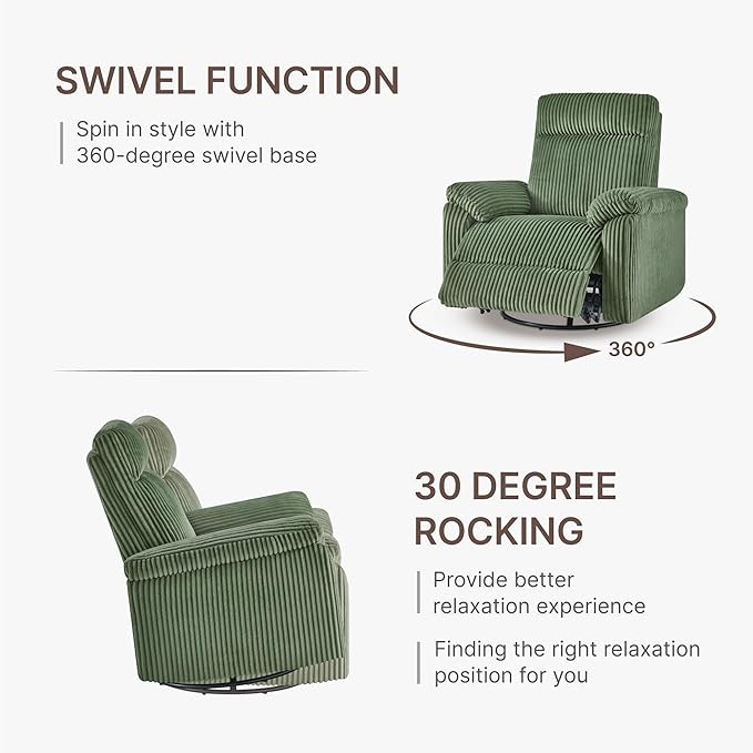 Swivel Rocker Recliner for Adults, Corduroy 360 Degree Swivel Glider Recliner Manual 3-Position Adjustable Easy Assembly for Small Space Living Room Nursery Bedroom