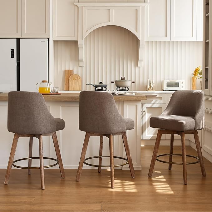 IWOOD Mid Century Modern Counter Height Bar Stools Set of 3,360° Swivel Barstools with Solid Wood Legs,26'' Island Chairs with Wrap-Around Backrest,Grey Linen Comfort Fabri