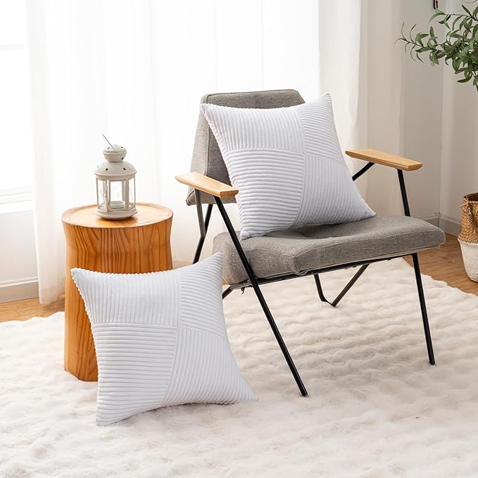 Decorative Throw Pillow Covers 20x20 Inch Set of 2 for Boho Living Room Farmhouse Home Decor, Spring Pillow Covers for Couch Bed, Soft Corduroy Striped Patchwork Cushion Cases, Pure White
