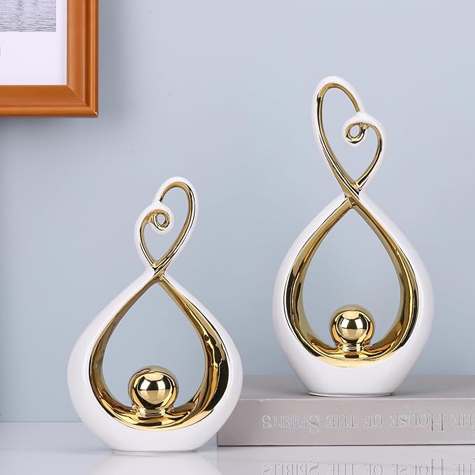 White Decor Accent, Porcelain Art Mid Century Modern White and Gold Decorations, Dining Table Objects, Abstract Ceramic Statue Sculpture - for Bookshelf Tv Stand Centerpiece Centro De Mesa