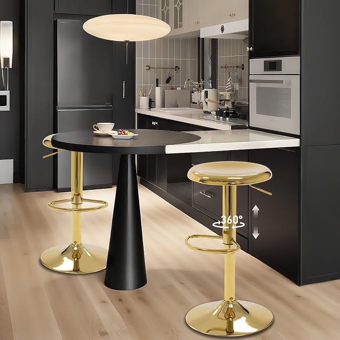 Bar Stools - 2 Pack, Adjustable Swivel Height Counter Bar Stool, Modern Metal Barstools, Backless Barstool for Bar, Kitchen Island, Pub, Gold