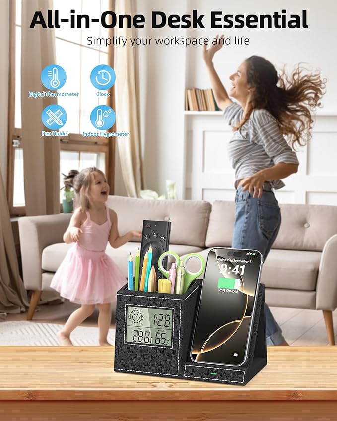 Multifunctional Pen Holder and Organizer for Desk with Wireless Charger, Digital Indoor Thermometer and Humidity Gauge, Home Office Organizers and Storage (Battery Included)
