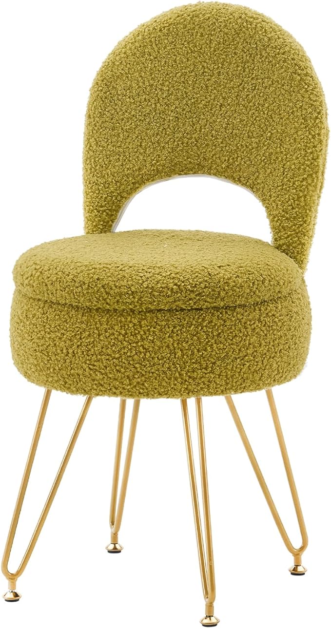 Storage Ottoman Vanity Stool Chair with Folding Back Teddy Velvet Makeup Chair Multifunctional Upholstered Footstool,4 Metal Legs with Anti-Slip Feet for Bedroom Living Room Entryway