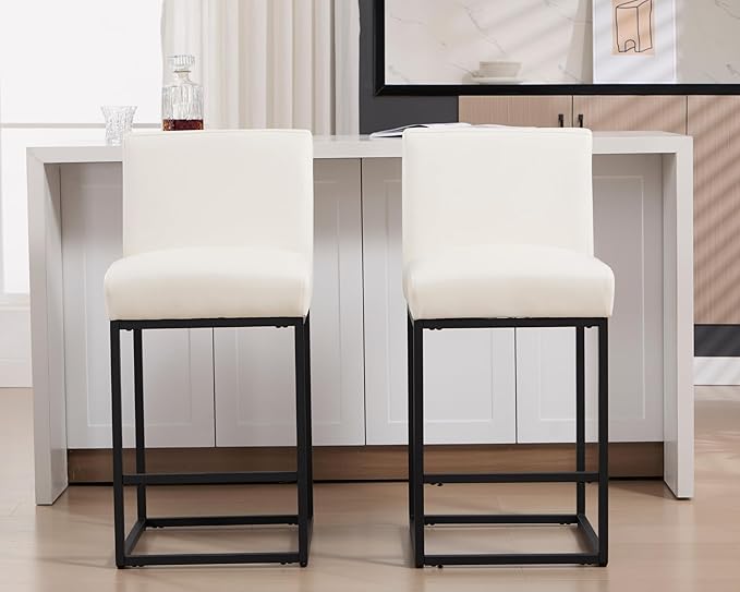 VESCASA Faux Leather 27 inches Counter Height Bar Stools with Padded Back, Modern Upholstered Counter Stool Chairs with Black Metal Frame for Kitchen Island, Set of 2, White