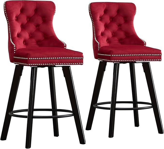 YISHENG Modern Swivel 27" H Seat Set of 2 Velvet Barstools with Backrest and Footrest,Button Tufted Rivet Trim Dining Room Chairs with Metal Pull Ring for Kitchen Island，Bistro, Home Bar，Red