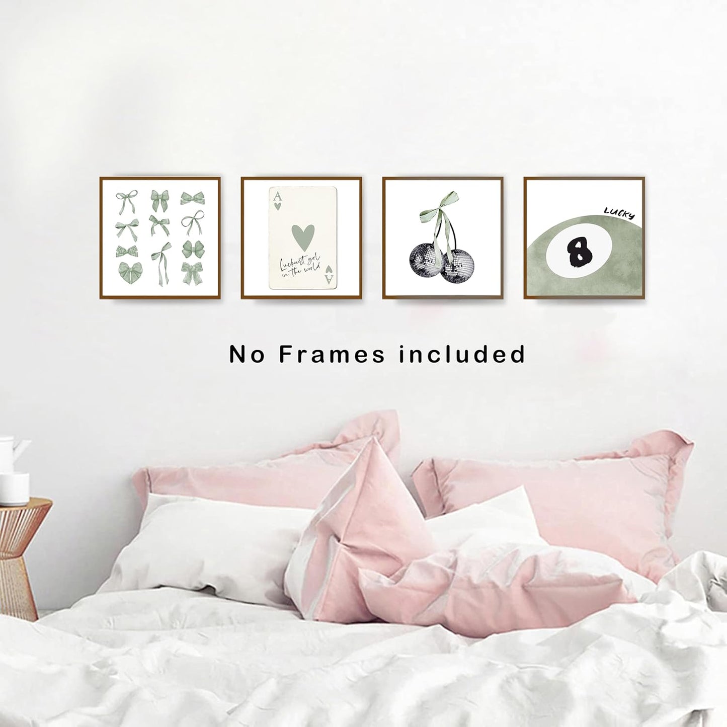 okaxscm Sage Green Coquette Trendy Preppy Wall Art Prints Set of 4, Coquette Preppy Room Decor Aesthetic, Green Bow Disco 8 Ball Cherry Wall Decor Posters for Girls Bedroom Dorm,10x10 Unframed