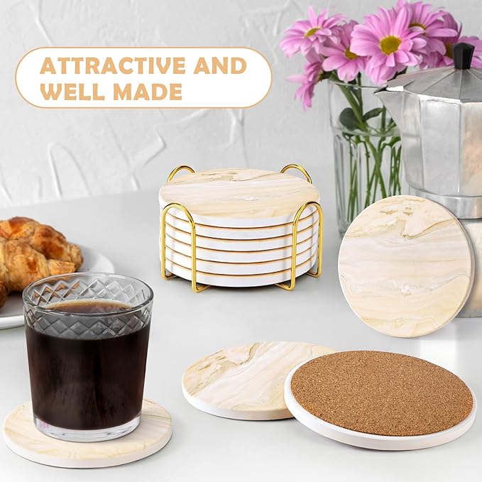GOH DODD Coasters for Drinks Set of 6, Absorbent Marble Style Ceramic Coaster Cup Coasters Tabletop Protection Home Decor with Metal Holder for Housewarming Gifts Wedding Party, Beige, Round, 4 Inch