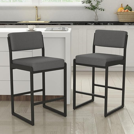 Mid Century Modern Counter Height Bar Stools Set of 3, 26" Bar Height Chairs with Backs, Upholstered Counter Stools, Metal Barstools for Kitchen Island (Darkgray- Fabric, 26" H - Set of 2)