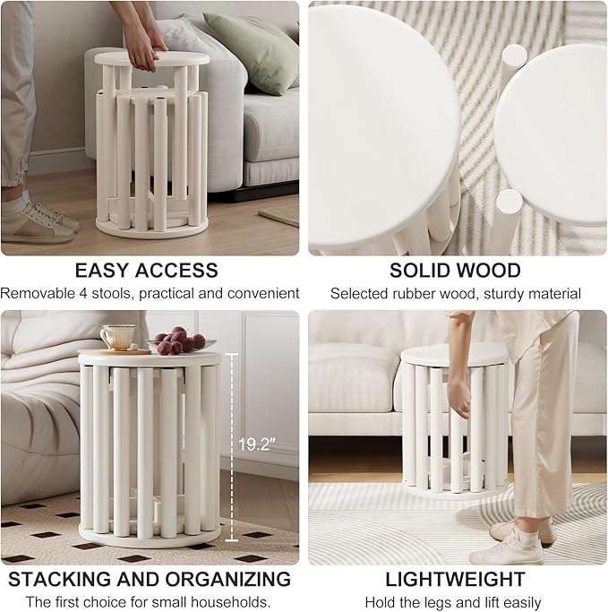 Stackable Wood Round Stools Set of 4, 18 Inch Top Side Tables Sturdy and Durable, No Installation Required for Nesting End Table, Barstool, White