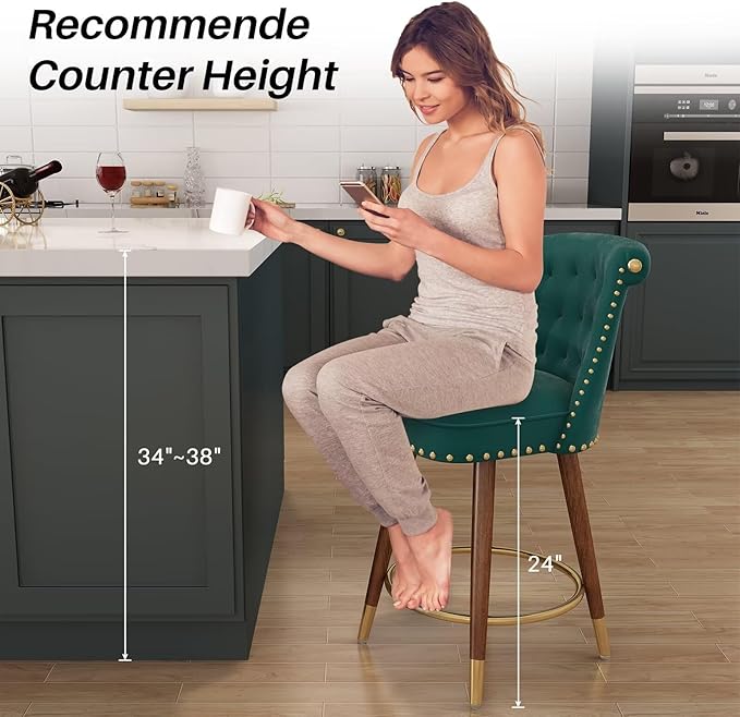 Counter Height Bar Stools, 360° Swivel Counter Stools Set of 2, Upholstered 24" Velvet Barstools with Back and Footrest for Kitchen Island, Seat Height, Solid Wood Legs, Fabric in Green