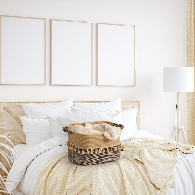 TeoKJ Set of 3 Baskets for Organizing, Decorative Rope Baskets for Storage, Storage for Pets, books, Pillows, Toys & Cloths, Black & Jute