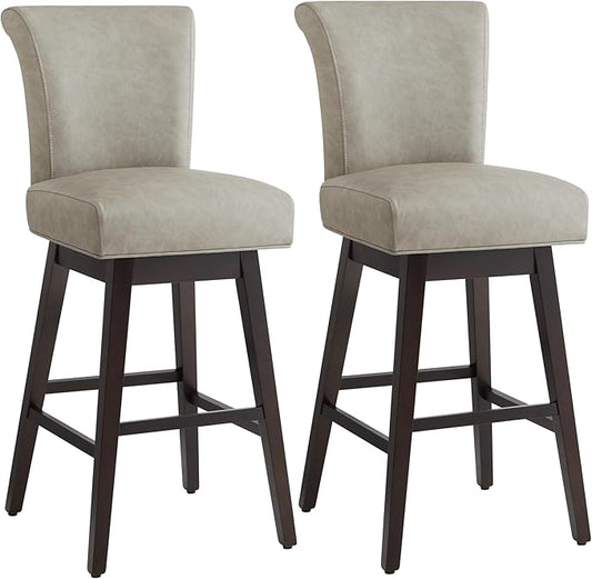 CHITA 30 Inch Counter Height Swivel Bar Stools Set of 2, FSC Certified Modern Upholstered Faux Leather Swivel Barstool Chairs with Back, Stone Grey