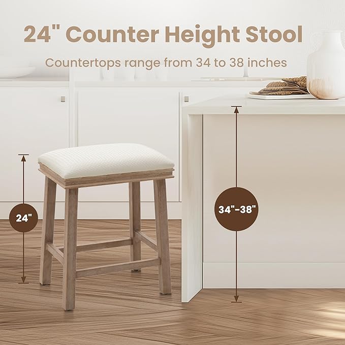 PHI VILLA Bar Stools Set of 3 - Solid Wood Legs Counter Height Barstools with Upholstered Saddle Seat, 24 inch Kitchen Counter Island Stools
