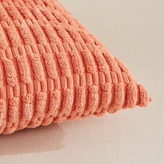Fancy Homi 4 Packs Boho Coral Decorative Throw Pillow Covers 24x24 Inch for Living Room Couch Bed Sofa, Rustic Modern Farmhouse Home Decor, Soft Plush Corduroy Peach Cute Square Cushion Case 60x60 cm