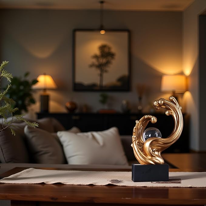 Modern Abstract Decorative Wave Statue, Gold Abstract Art Home Decor,Crystal Ball Art Wave Resin Sculpture, Office Desk Stand, Dining Table Center Decorative Aesthetics (Gold)