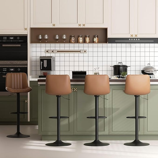 JAMFLY Bar Stools Set of 4, Swivel Bar Height Chairs Set of 4, Adjustable Tall Leather Bar Stools for Kitchen Island, Brown