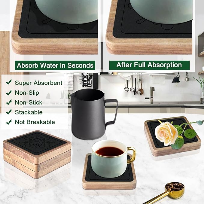 Square Coasters for Drinks, Absorbent Coaster Sets of 5, Wood Drinks Coasters for Coffee Tabletop Protection, Non-Slip, Non-Stick, Suitable for Kinds of Cups Wooden Table Drink, 4.1 Inches Black