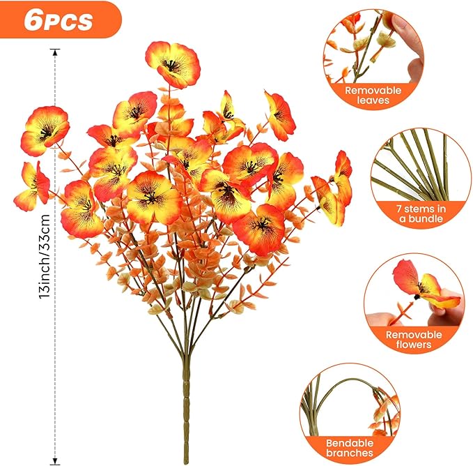 6 Bundles Artificial Fall Flowers for Outdoors Autumn Decorations, Fake Big Pansies Silk Plants UV Resistant Realistic Faux Flowers Plants for Planter Porch Patio Window Decor, Autumn Orange