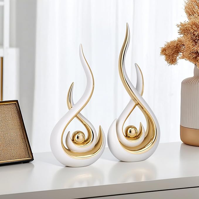 Modern Abstract Art Home Decor Accent,Contemporary Statues Coffee Table Decor for Living Room,Table Centerpieces for Dining Room,Ceramic Sculptures Knick Knacks for TV Stand Show Piece (White Gold)