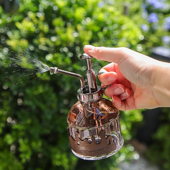 OFFIDIX Glass Plant Mister, 6.3 Inches Tall Vintage Style Spritzer Bronze Plastic Top Pump One Hand Watering Can Indoor Plant Spray Bottle for Garden, Plants, Cleaning (Morning Dew)