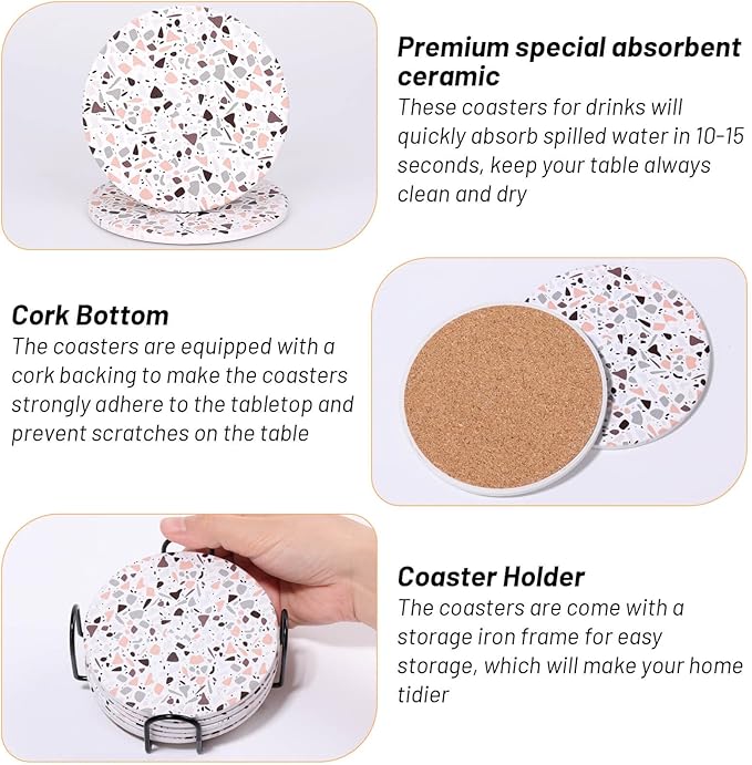 Acejoz Drink Coasters with Holder, Set of 6, Terrazzo Pattern, Ceramic, Round, 4 Inches